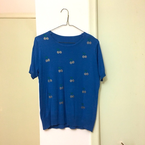 Medium Blue Sweater Jeweled with Golden Cherries - Picture 1 of 4